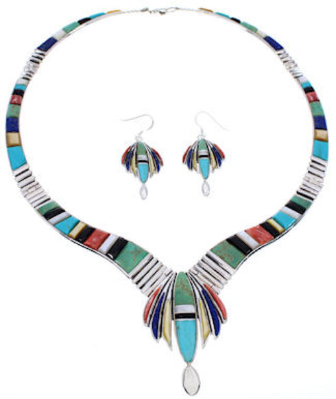 Multicolor Sterling Silver Link Necklace Earrings Set GS75570