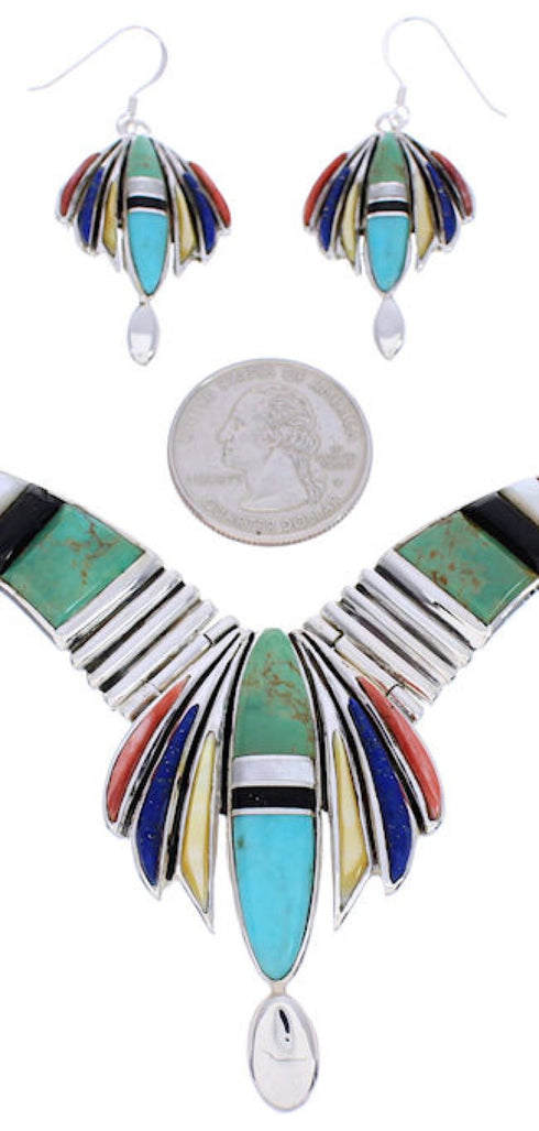 Multicolor Sterling Silver Link Necklace Earrings Set GS75570