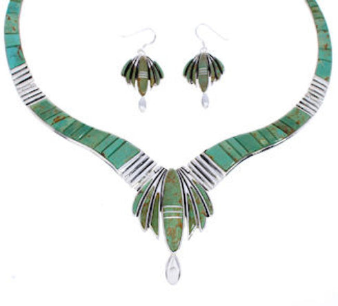 Turquoise Inlay Sterling Silver Link Necklace Earrings Set GS75611