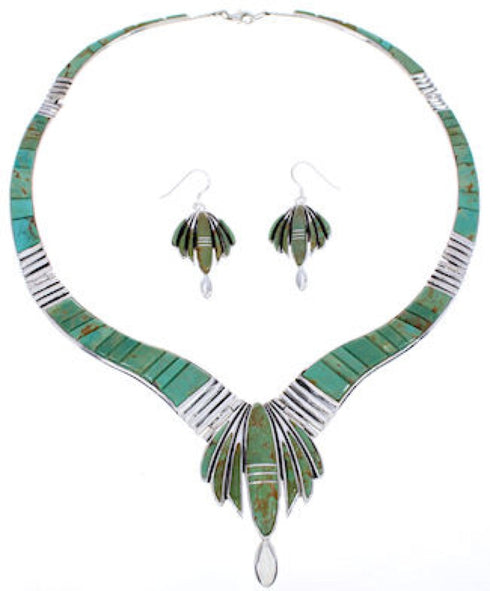 Turquoise Inlay Sterling Silver Link Necklace Earrings Set GS75611