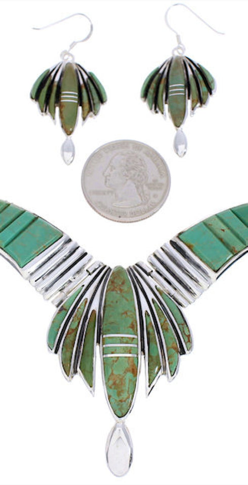 Turquoise Inlay Sterling Silver Link Necklace Earrings Set GS75611