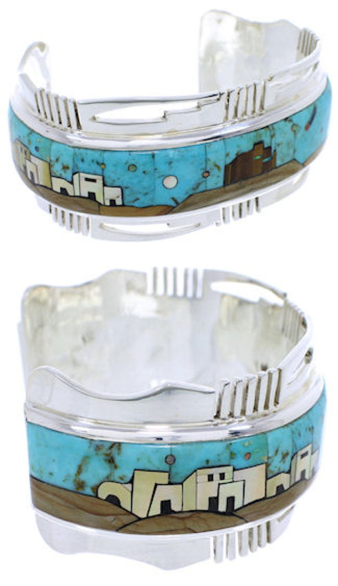 Multicolor Silver Native American Village Design Cuff Bracelet MW75551