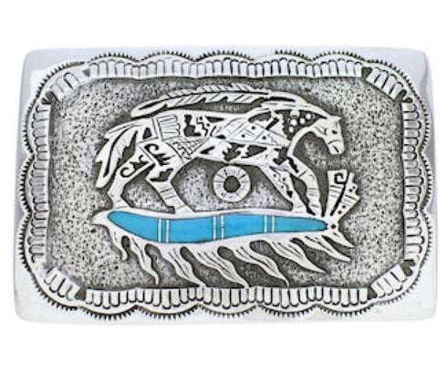 Southwestern Horse Feather Turquoise Inlay Silver Belt Buckle EX29145
