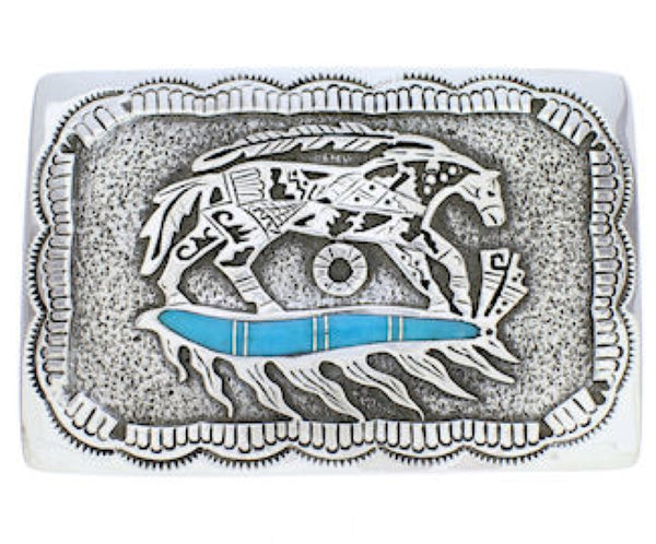 Southwestern Horse Feather Turquoise Inlay Silver Belt Buckle EX29145