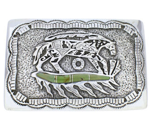 Sterling Silver Southwest Horse Feather Turquoise Belt Buckle EX29148