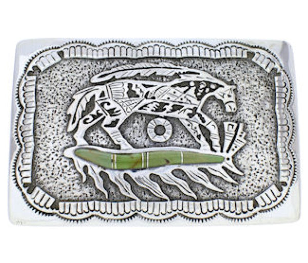 Sterling Silver Southwest Horse Feather Turquoise Belt Buckle EX29148