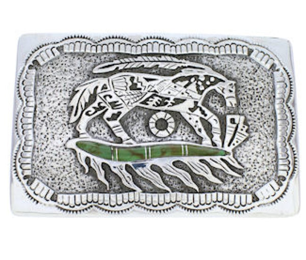 Sterling Silver Southwest Horse Feather Turquoise Belt Buckle EX29156