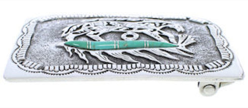 Turquoise Southwest Horse Feather Sterling Silver Belt Buckle EX29157