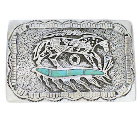 Sterling Silver Turquoise Southwest Horse Feather Belt Buckle EX29158