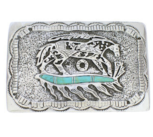Sterling Silver Turquoise Southwest Horse Feather Belt Buckle EX29158