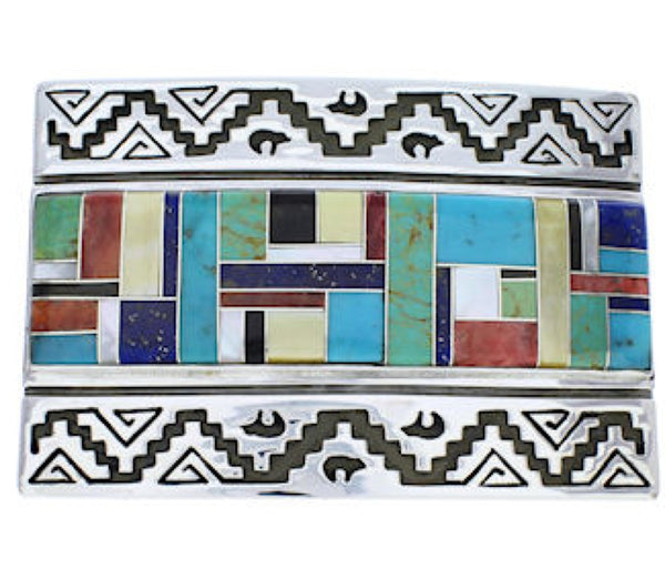 Water Wave Bear Sterling Silver Multicolor Inlay Belt Buckle TX28700
