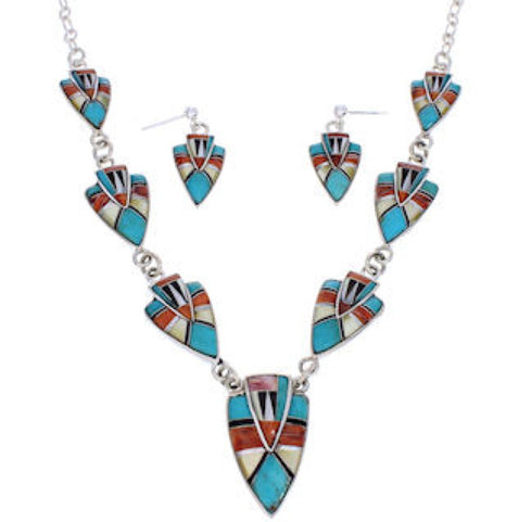 Silver Southwest Jewelry Multicolor Earrings Link Necklace Set PX36873