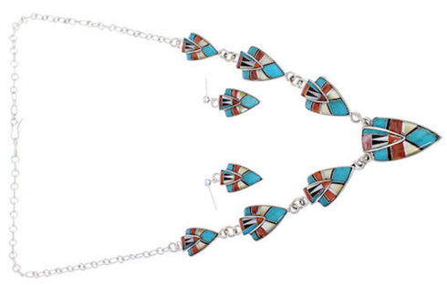 Genuine Silver Multicolor Southwest Link Necklace Earrings PX36864