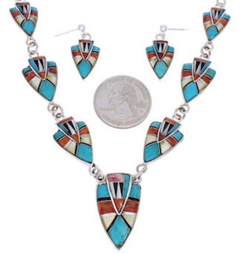Silver Southwest Jewelry Multicolor Earrings Link Necklace Set PX36873
