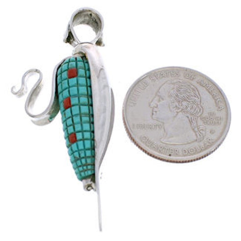 Sterling Silver Corn Coral Turquoise Reversible Pendant MW77554