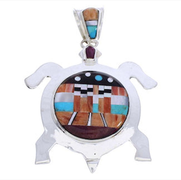 Multicolor Native American Mesa Design Turtle Silver Pendant MW77608