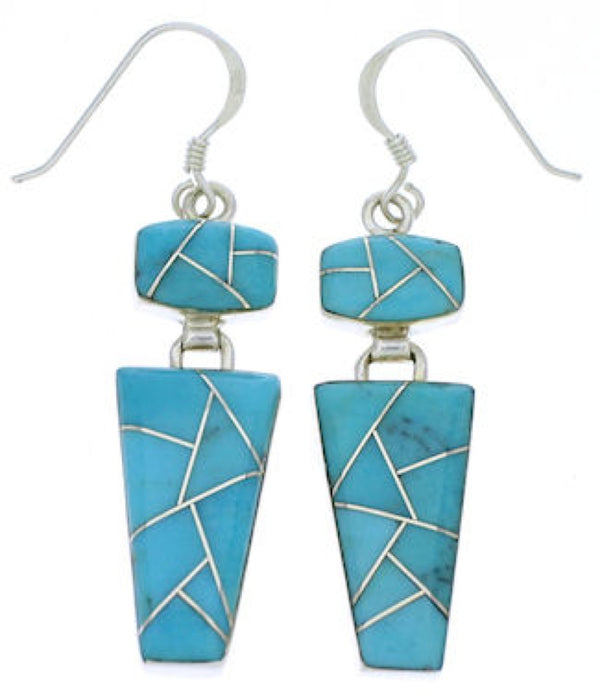 Southwestern Turquoise Inlay Silver Hook Dangle Earrings EX29530