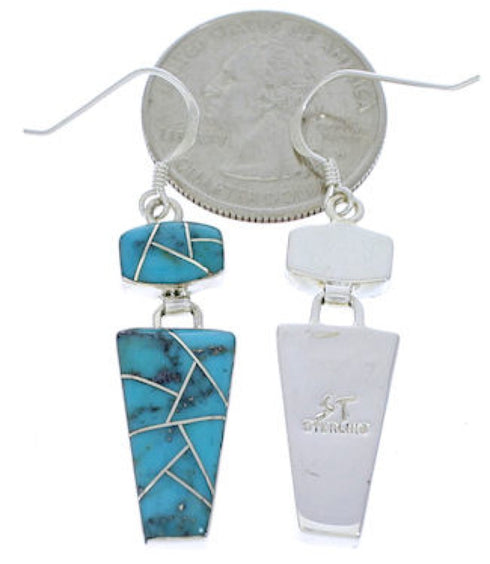 Turquoise Inlay Sterling Silver Jewelry Hook Dangle Earrings EX29532