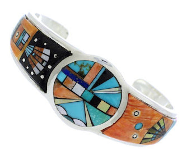 Southwestern Silver Sun Multicolor Inlay Cuff Bracelet MX27376