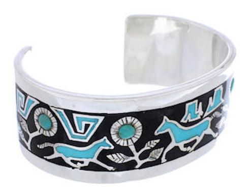 Southwestern Turquoise Jet Inlay Horse Flower Silver Bracelet CX49619