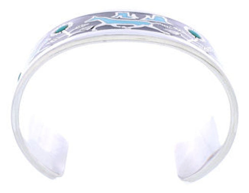 Turquoise Jet Inlay Horse Flower Southwestern Silver Bracelet NX27075
