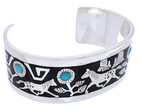 Turquoise Jet Inlay Horse And Flower Silver Bracelet NX27079