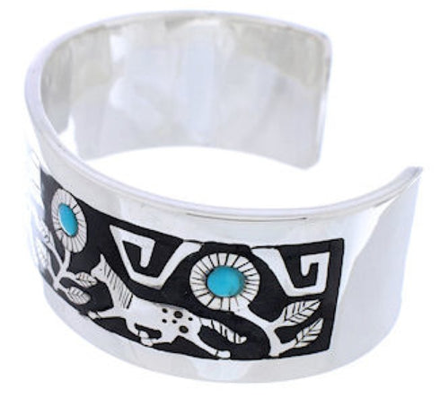 Turquoise Jet Inlay Horse And Flower Silver Bracelet NX27079