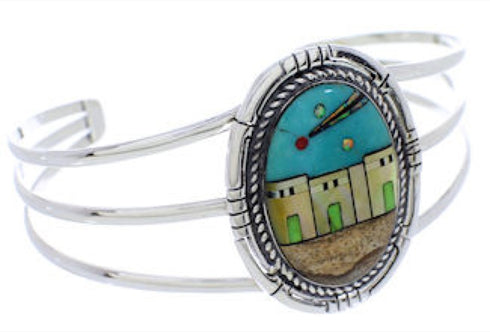 Native American Village Design Multicolor Silver Cuff Bracelet MX27453