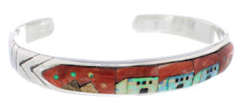 Multicolor Native American Village Design Silver Cuff Bracelet MX27593
