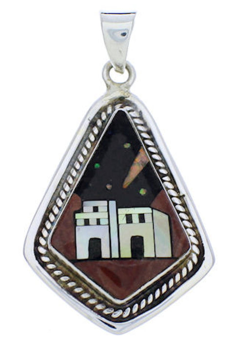 Silver Multicolor Native American Village Design Pendant PX29742