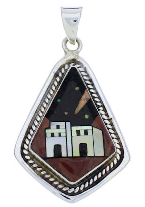 Silver Multicolor Native American Village Design Pendant PX29742