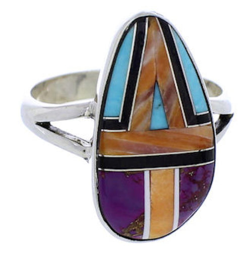 Silver And Multicolor Inlay Jewelry Ring Size 6-3/4 RS46929