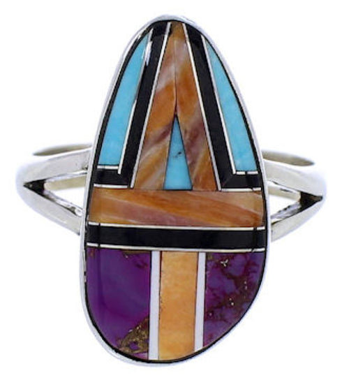 Silver Multicolor Inlay Ring Size 7-1/2 JX37871