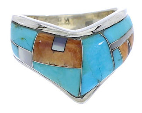 Sterling Silver Southwest Multicolor Inlay Ring Size 8-1/4 JX37908