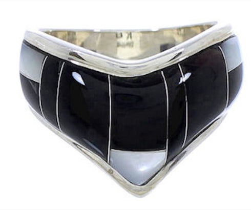 Sterling Silver Black Jade Mother Of Pearl Ring Size 7-1/4 JX37783