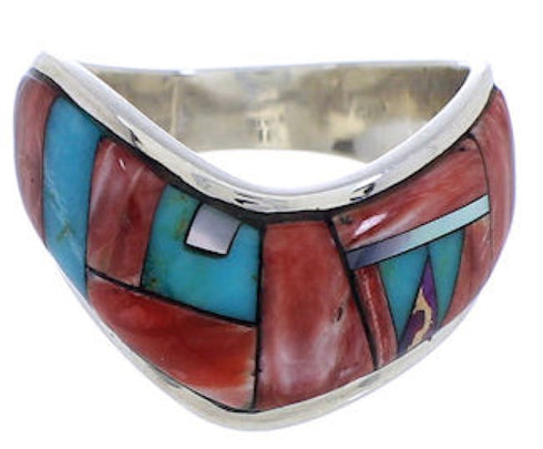 Southwest Sterling Silver Multicolor Inlay Ring Size 8-1/4 JX37799