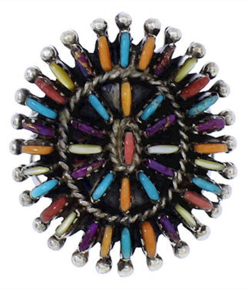 Southwestern Multicolor Needlepoint And Silver Ring Size 5-3/4 VX56770