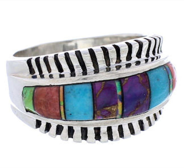Turquoise Multicolor Inlay Sterling Silver Ring Size 6-1/2 NS39020