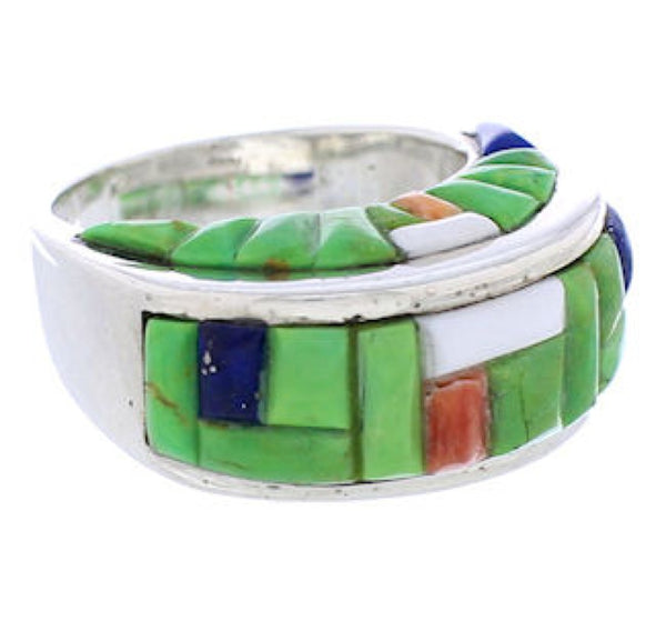 Southwestern Sterling Silver Multicolor Inlay Ring Size 6-1/2 UX36043