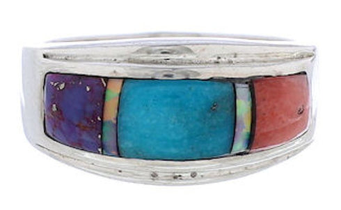 Silver And Multicolor Inlay Southwest Ring Size 7-3/4 UX36137
