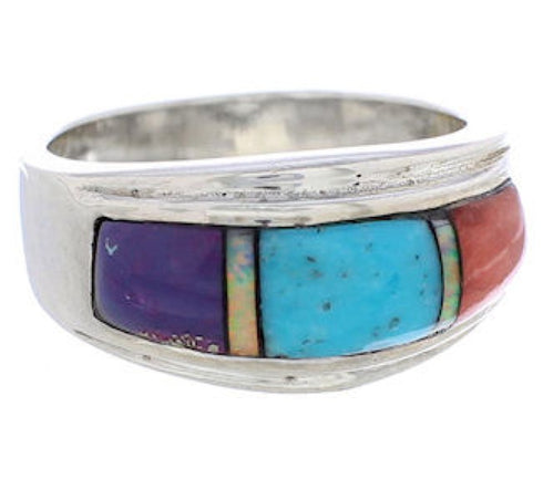 Southwestern Sterling Silver Multicolor Inlay Ring Size 7-1/2 UX36159
