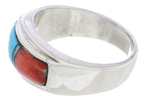 Southwestern Sterling Silver Multicolor Inlay Ring Size 7-1/2 UX36159