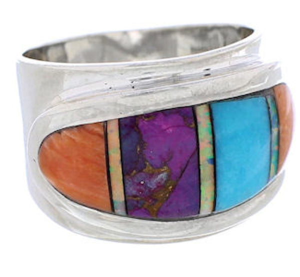 Sterling Silver And Multicolor Inlay Jewelry Ring Size 6-1/4 UX36203