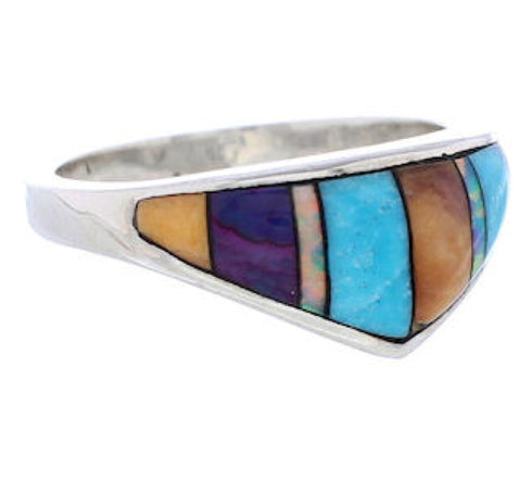 Southwestern Sterling Silver Multicolor Inlay Ring Size 6-1/2 UX36234