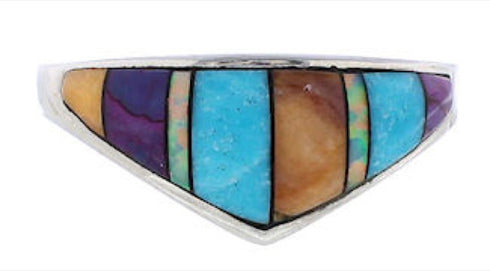 Southwestern Sterling Silver Multicolor Inlay Ring Size 6-1/2 UX36234