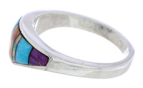 Southwestern Sterling Silver Multicolor Inlay Ring Size 6-1/2 UX36234