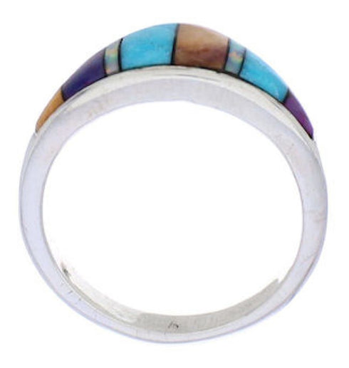 Southwestern Sterling Silver Multicolor Inlay Ring Size 6-1/2 UX36234