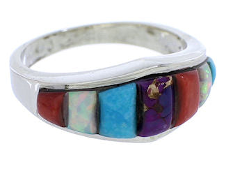 Multicolor Inlay Southwest Silver Ring Size 6-3/4 EX51034