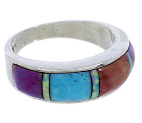 Southwest Sterling Silver Multicolor Inlay Ring Size 6-3/4 JX37938