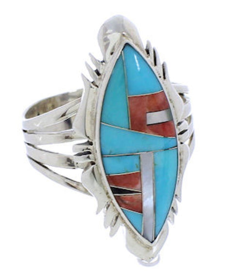 Southwest Turquoise Multicolor Inlay Silver Ring Size 7-3/4 JX38202